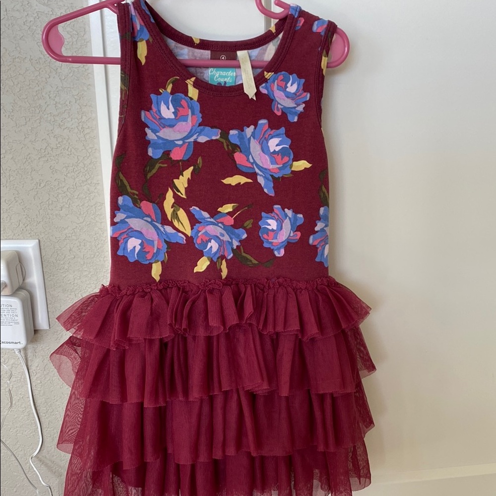 Floral Burgundy Dress with Ruffle Skirt